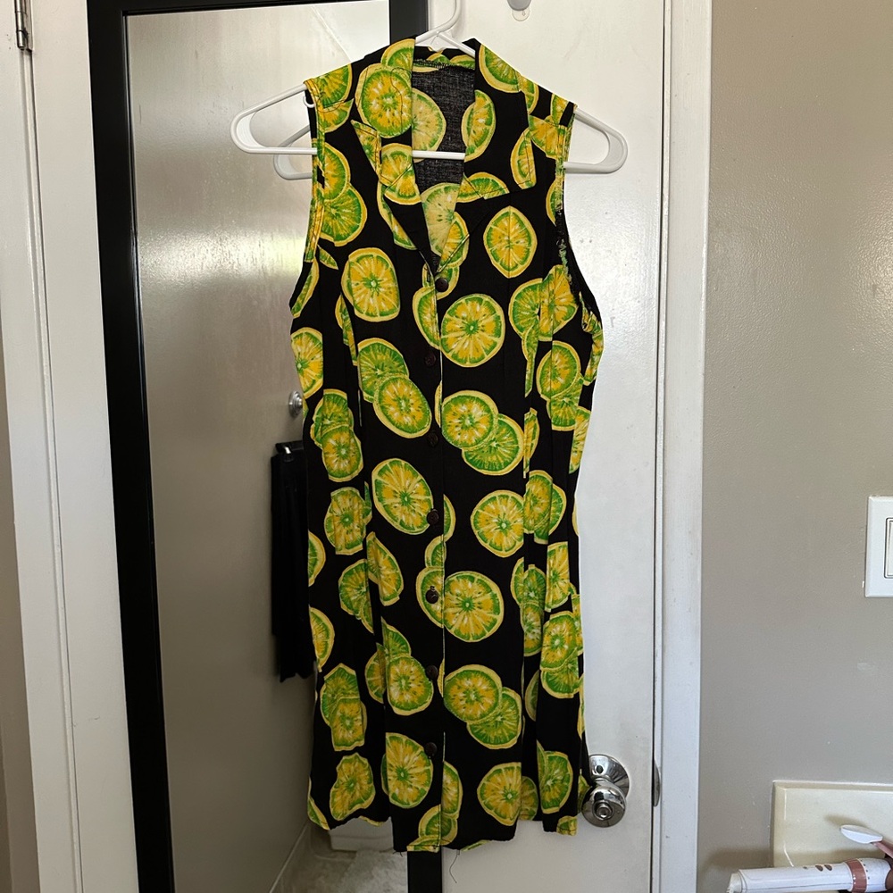 Black Lemon Print Mini Dress Button Up Small